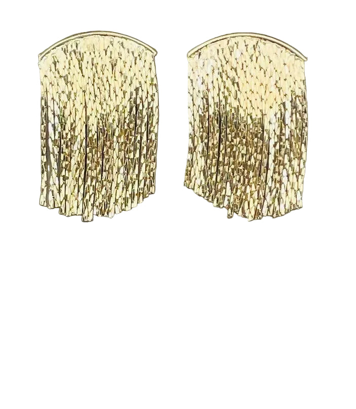 Pair of gold fringe earrings on a white bqckground