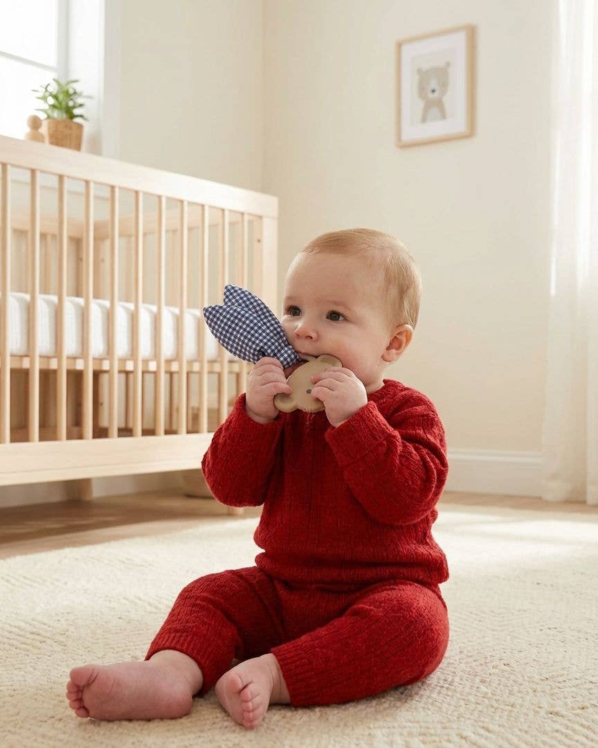 Baby in a red outfit sitting on the floor holding a checkered toy in a nursery.