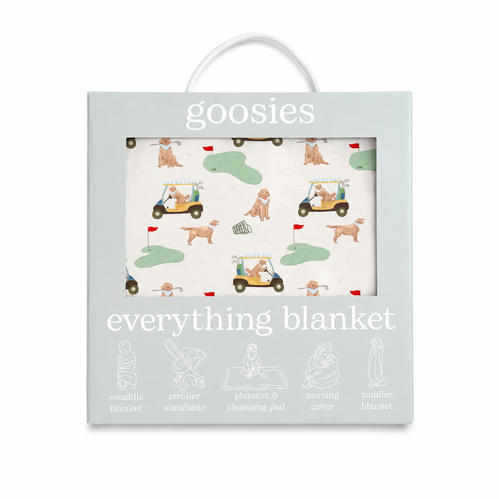 Baby blanket with golf-themed design in a 'goosies' packaging box.