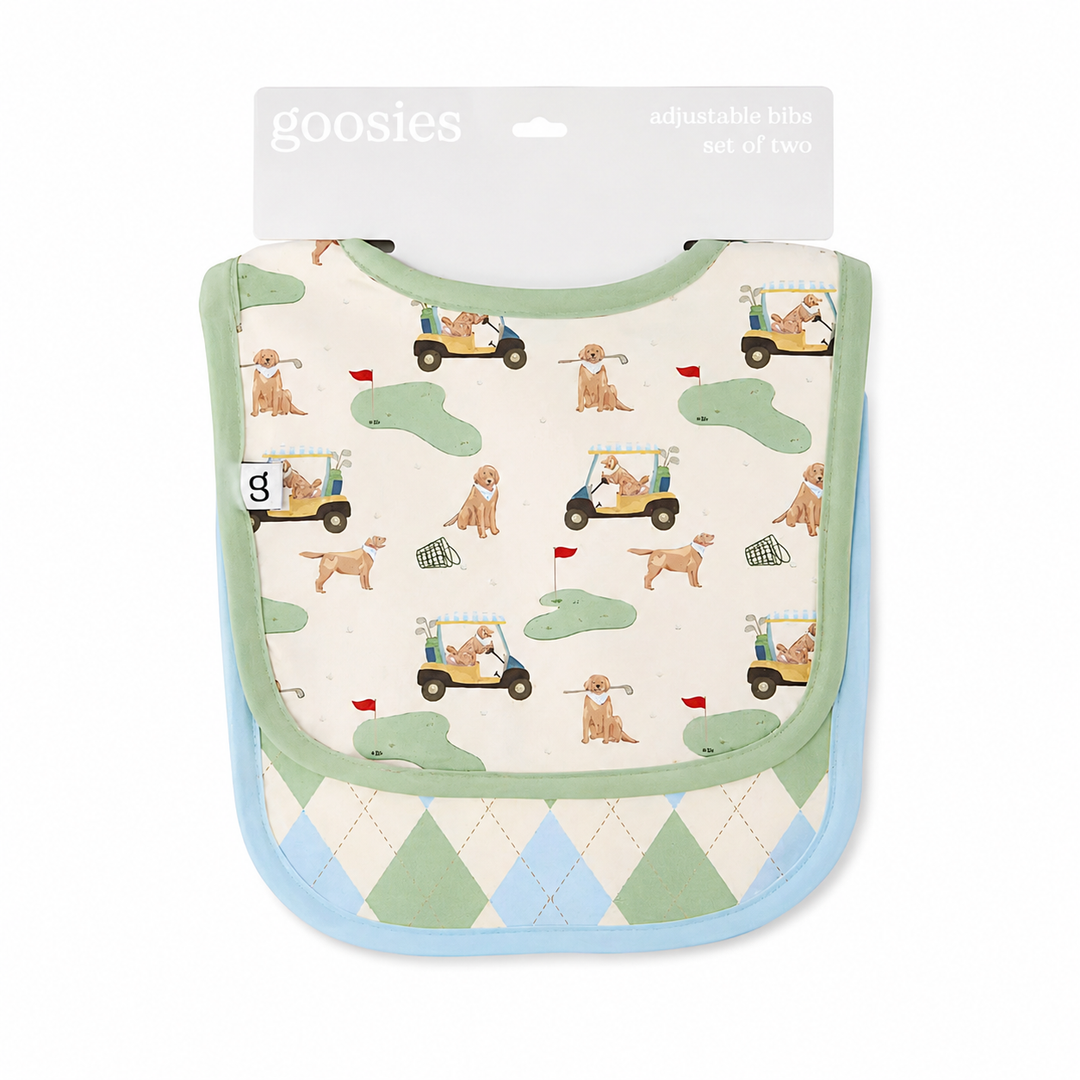 Baby bib with golf-themed design and 'goosies' branding on packaging
