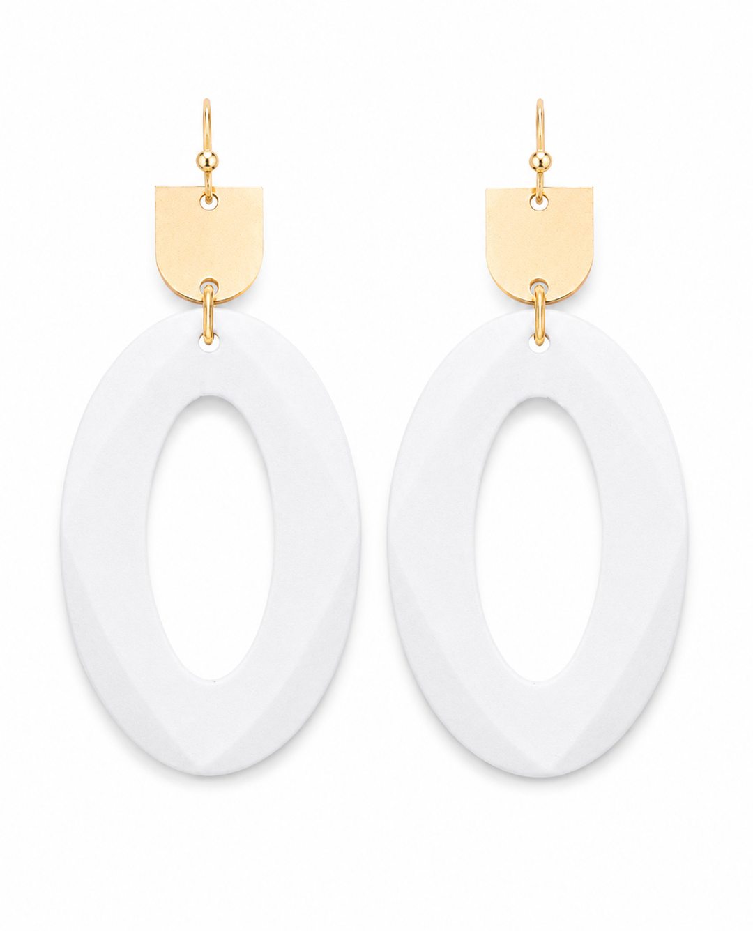 White oval statement earrings with gold accents and matte acrylic finish | Walker Boutique