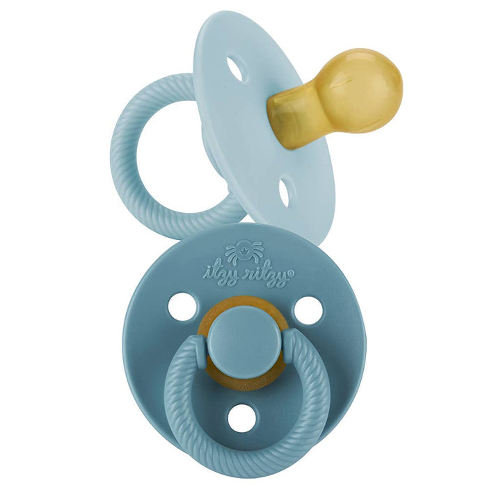 Blue and gold pacifier with a rope on a white background
