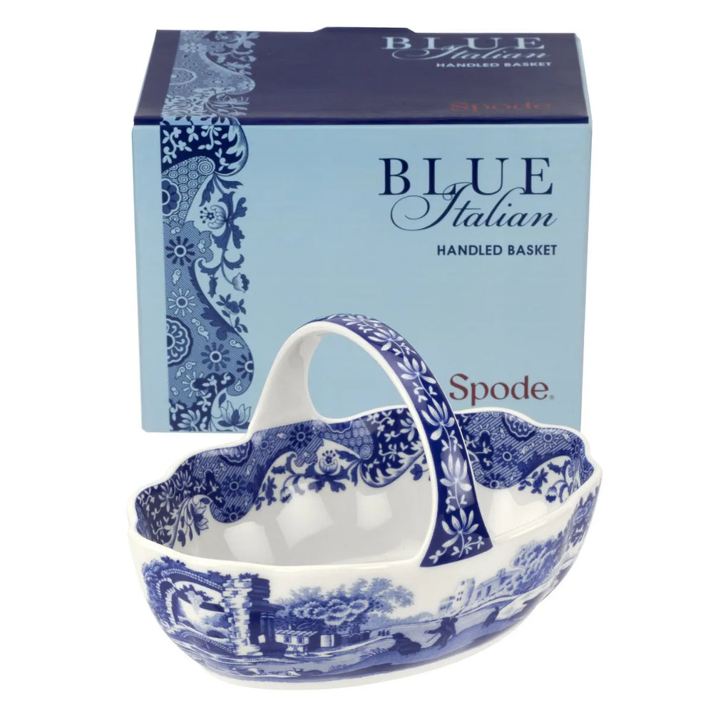 Spode Blue Italian handled basket with packaging on a white background