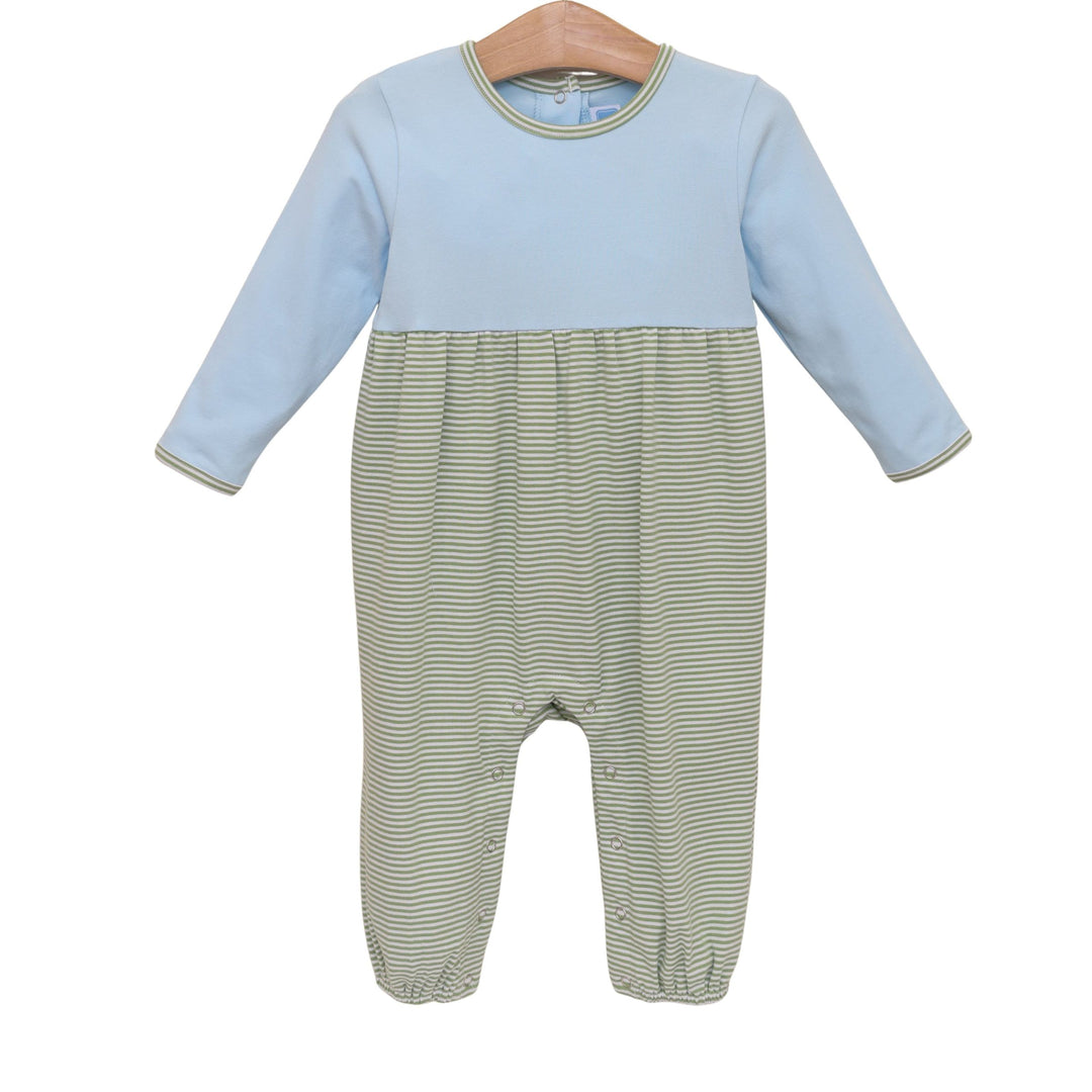 GREEN STRIPE WITH BLUE PRESTON ROMPER ON WHITE BACKGROUND