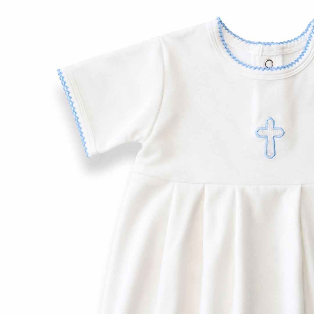 White bubble with blue trim and cross design on a white background