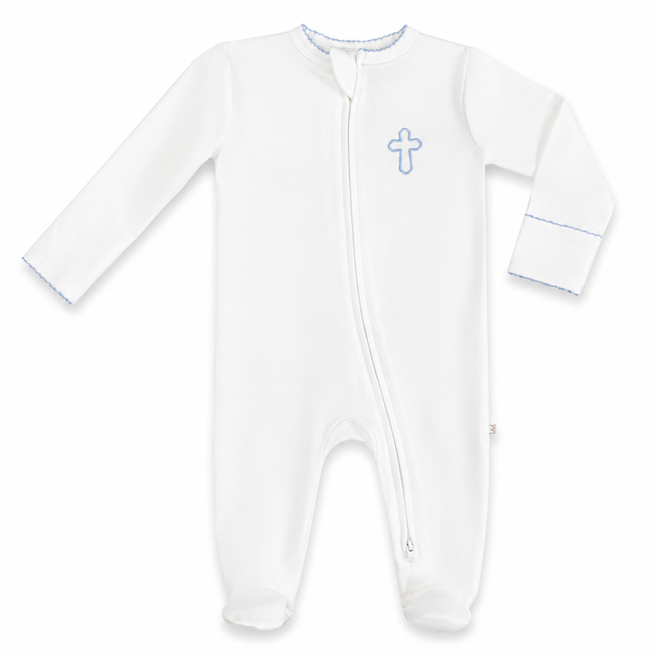 White baby onesie with a blue cross on a white background