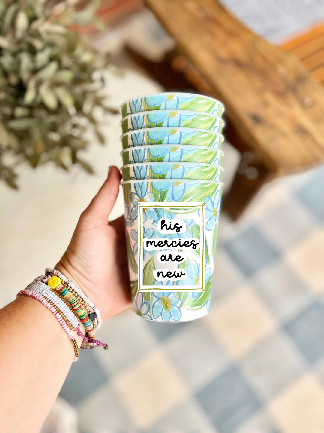 BLUE AND GREEN FLORAL CUPS IN STACK OF 6 WITH "HIS MERCIES ARE NEW" PAINTED ON