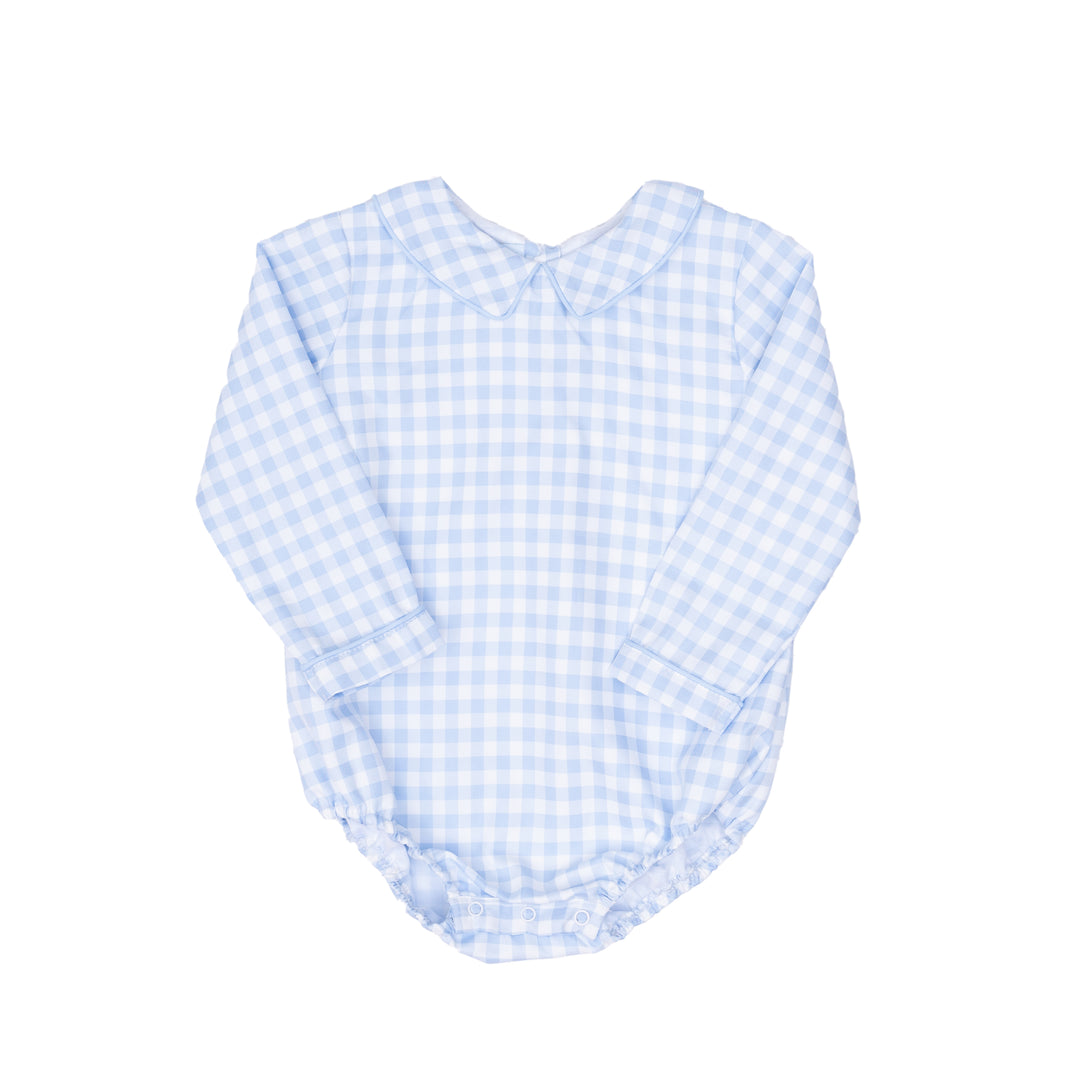 Blue and white checkered baby romper on a white background