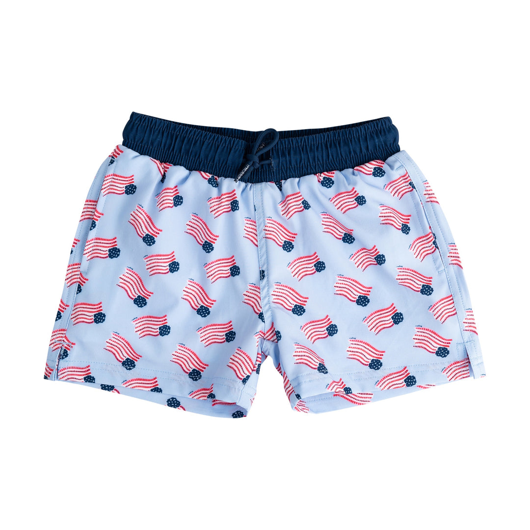 Shorts with American flag pattern on a light blue background