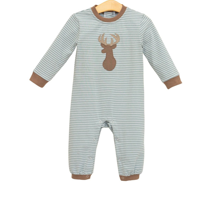 BROWN APPLIQUE DEER STRIPED SAGE ROMPER