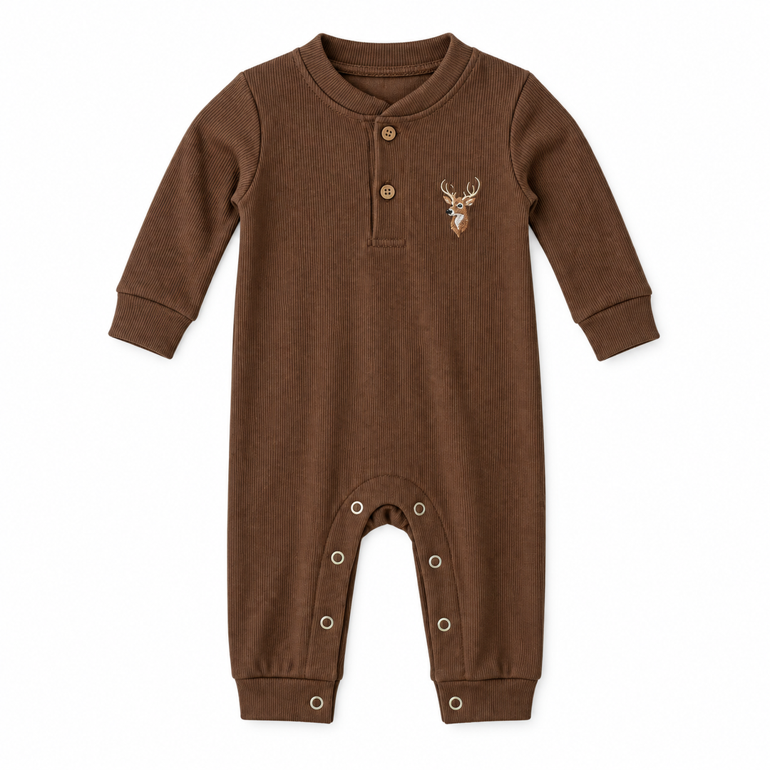 BUCK MOTIF BROWN RIBBED HENLEY ROMPER