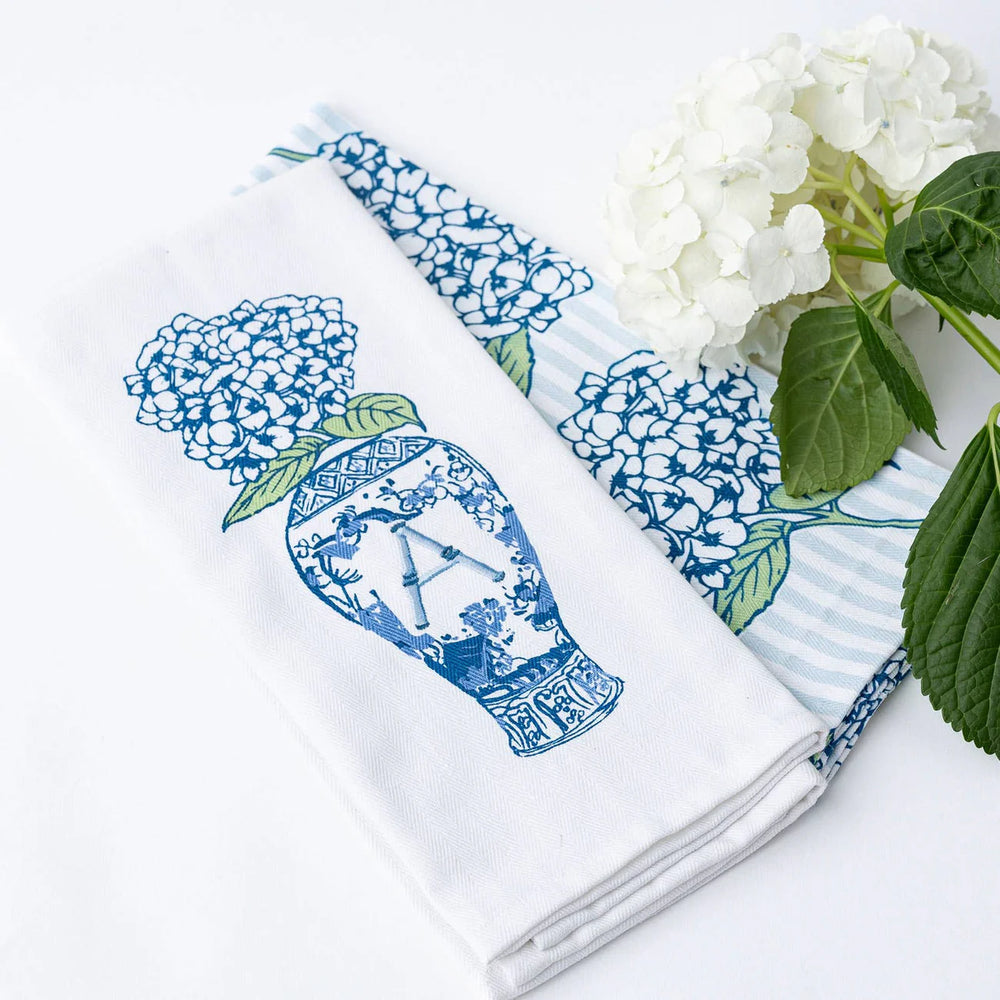 hydrangea set of hand towels, first with initial monogrammed in ginger jar