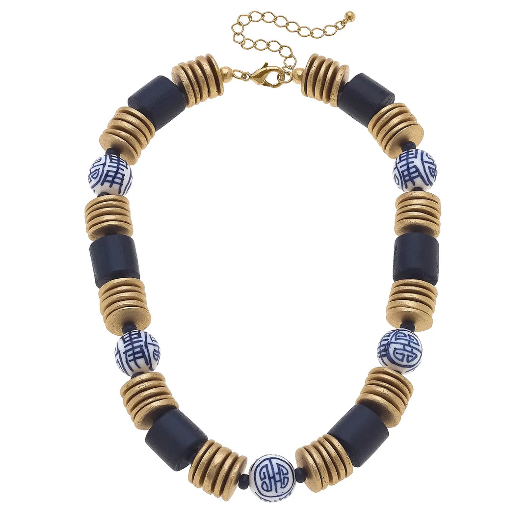NAVY LORELEI CHINOISERIE & PAINTED WOOD NECKLACE