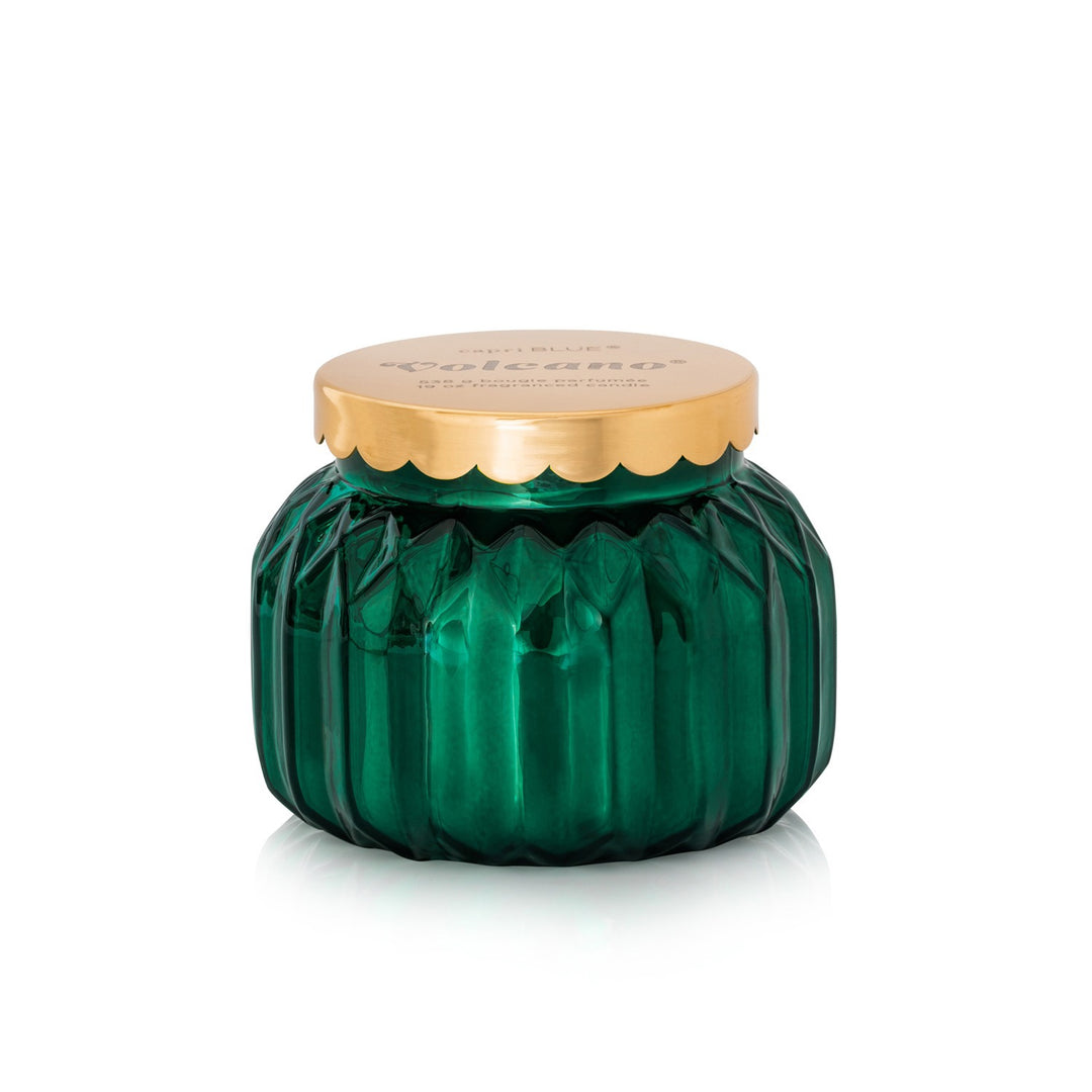 Volcano Royal Gem signature candle in an emerald faceted glass jar with scalloped gold lid