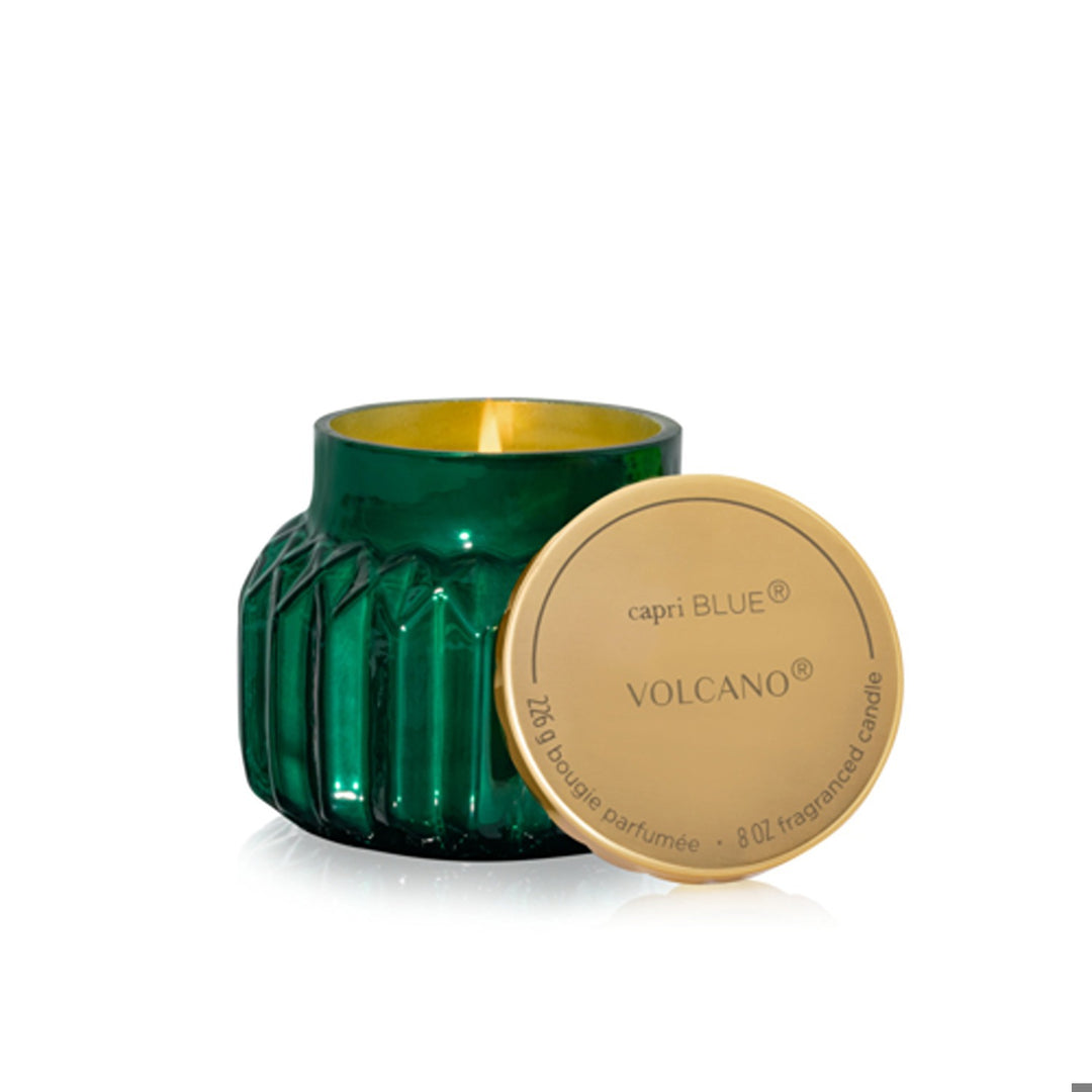 Volcano Royal Gem petite candle in an emerald faceted glass jar with scalloped gold lid