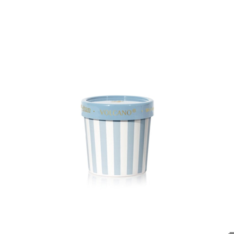 Blue and white striped planter with a blue rim on a white background