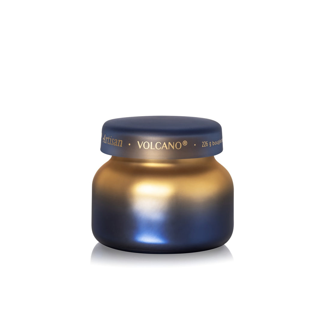 Volcano Tuscan Radiance petite candle in a gold and deep blue ombre glass jar