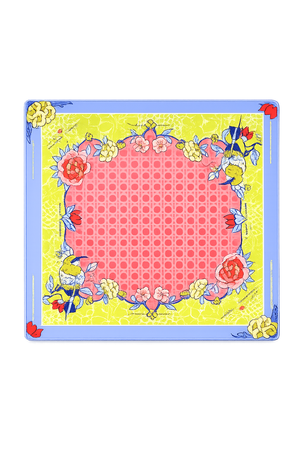 Floral mahjong game mat with a pink center, blue border, and colorful botanical design on a white background. | Walker Boutique