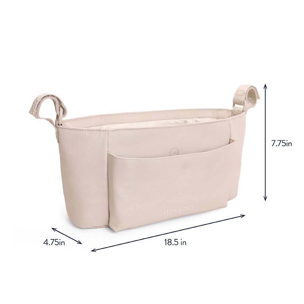 A beige fabric baby storage basket with two handles, shown on a white background with dimension arrows and labels indicating 18.5 inches by 4.