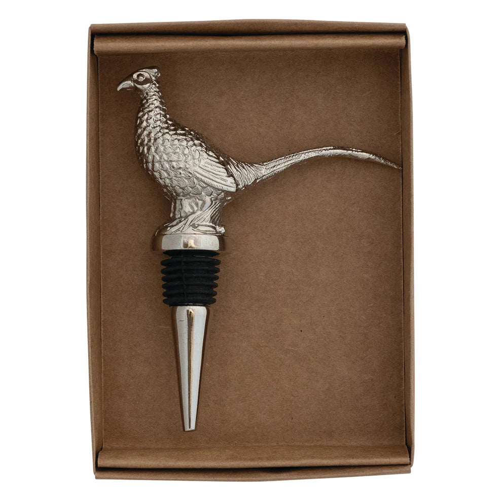 Silver pheasant-shaped bottle stopper in a brown box
