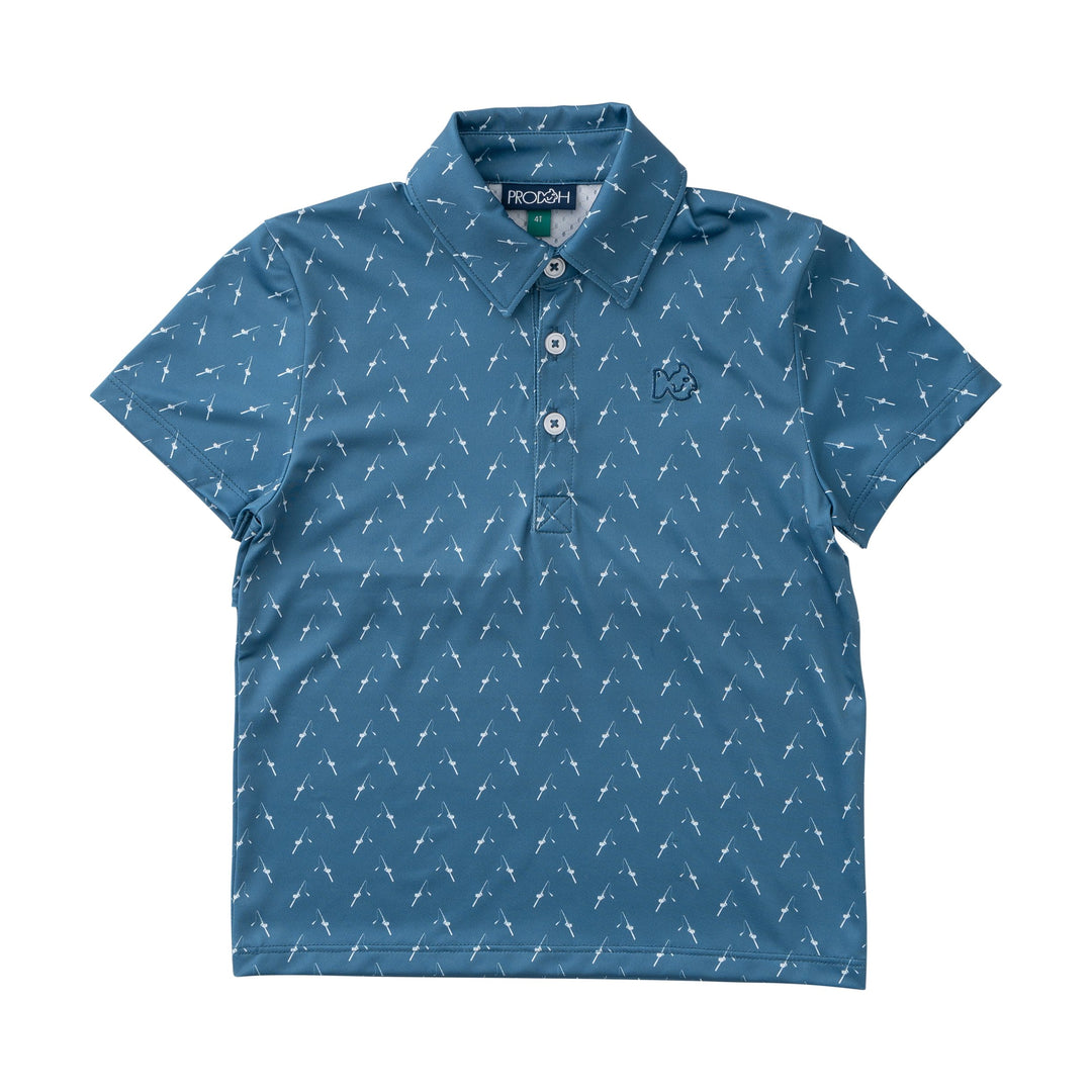 Blue polo shirt with white pattern on a white background