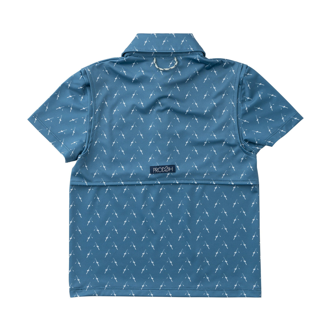 Blue patterned shirt with a brand label on a white background