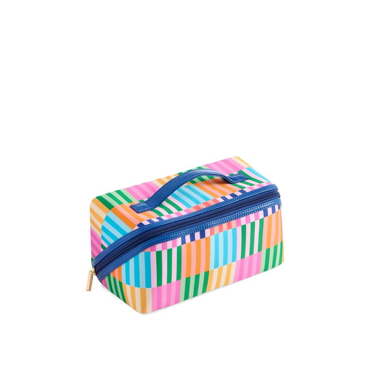 Multicolor striped cosmetic pouch with navy zipper and top handle | Walker Boutique