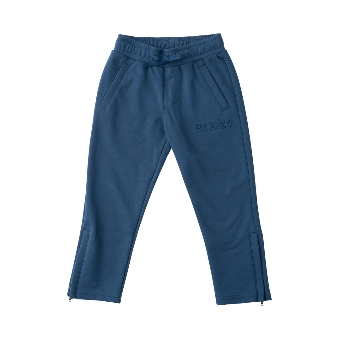 Blue pants with a brand logo on a white background
