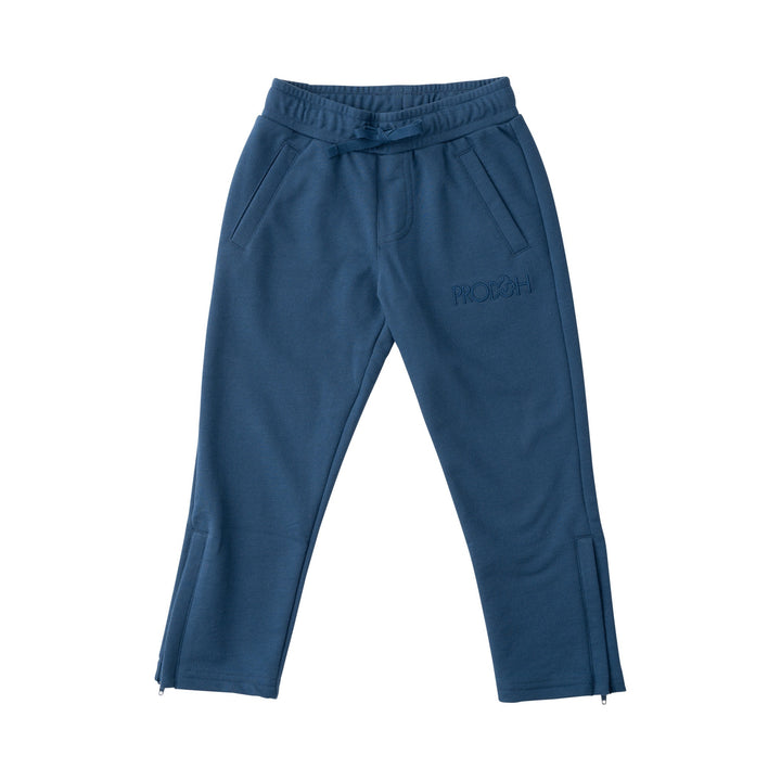 Blue pants with a brand logo on a white background