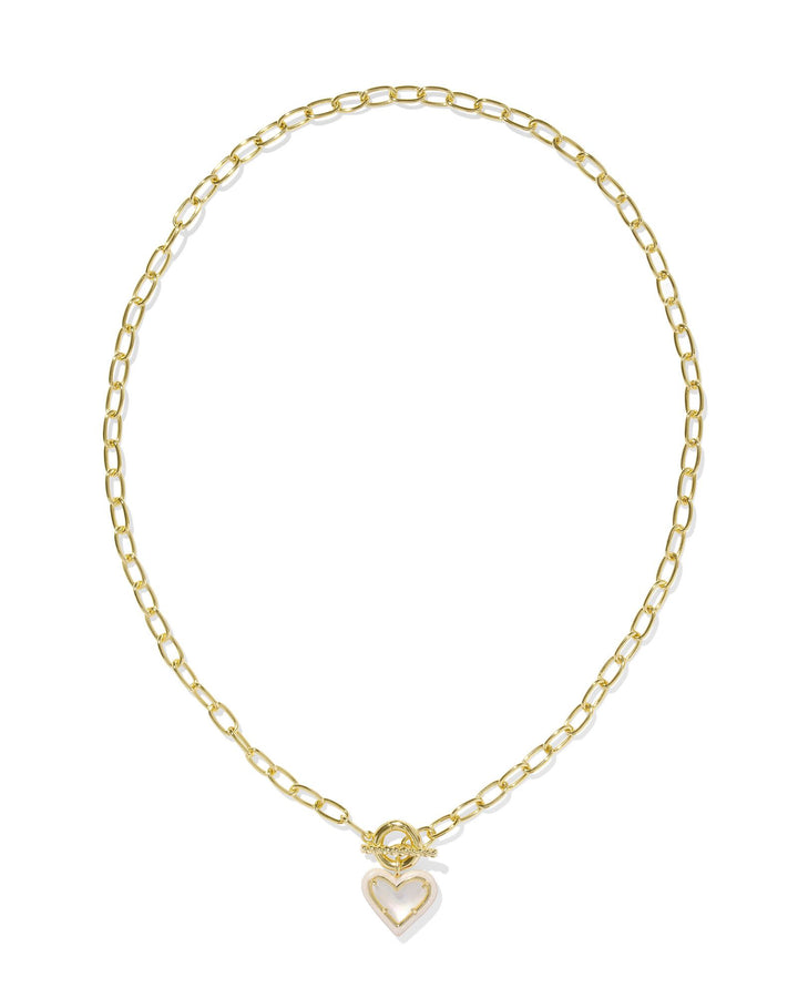 ARI HEART ENAMEL FRAME LINK AND CHAIN NECKLACE, GOLD IVORY MOTHER OF PEARL