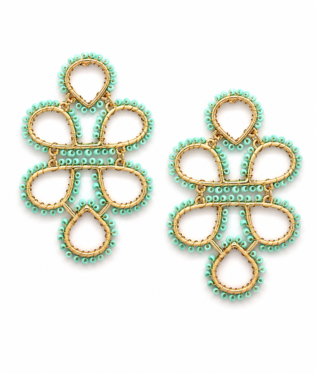 Gold statement earrings with mint beaded trim in an open floral design | Walker Boutique