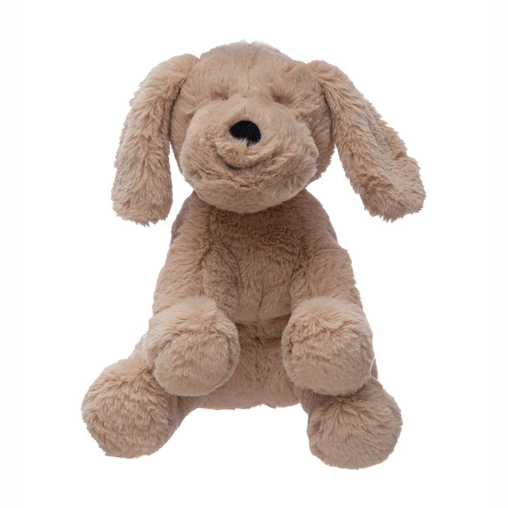 Plush dog toy in beige color on a white background