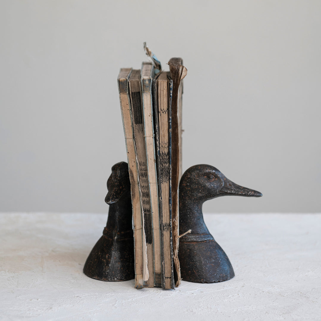 DISTRESSED BLACK DUCK HEAD BOOKEND SET