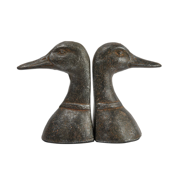 DISTRESSED BLACK DUCK HEAD BOOKEND SET