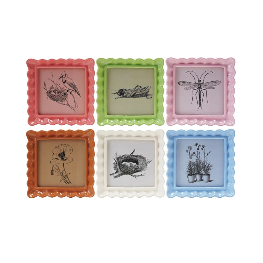 Set of six colorful picture frames with illustrations on a white background