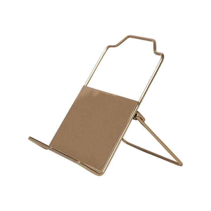 Foldable beige stand with gold frame on a white background
