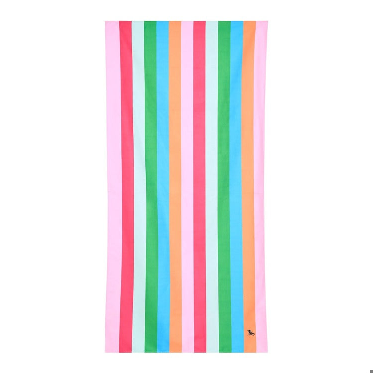 Colorful striped towel with a brand logo on a white background