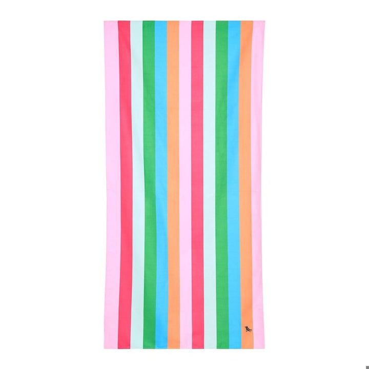 Colorful striped towel with a brand logo on a white background