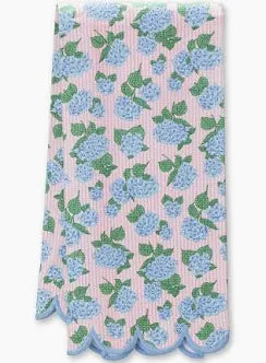 Blue hydrangea floral kitchen towel with pink stripe background and scalloped trim | Walker Boutique