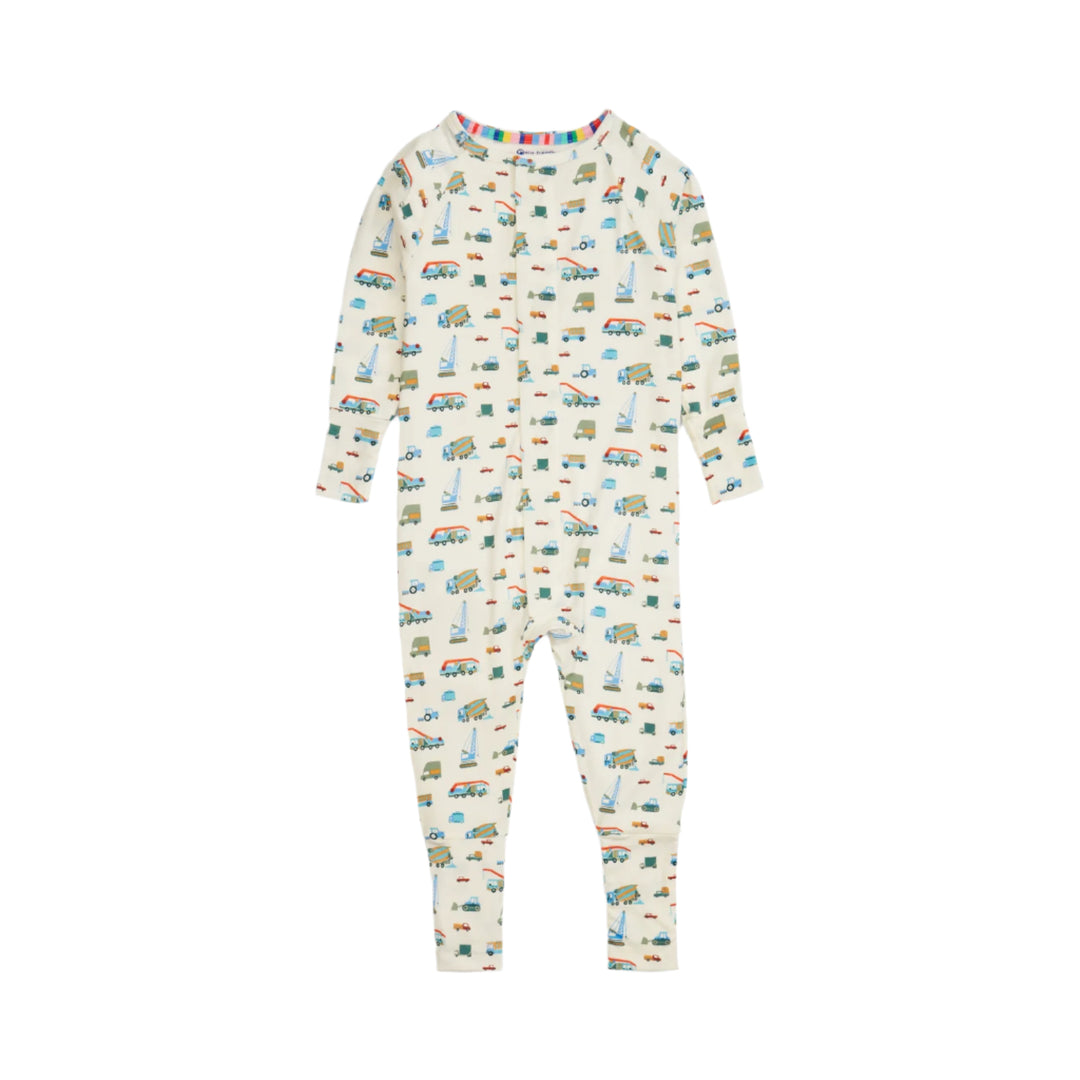 Children's coverall with vehicle pattern on a white background