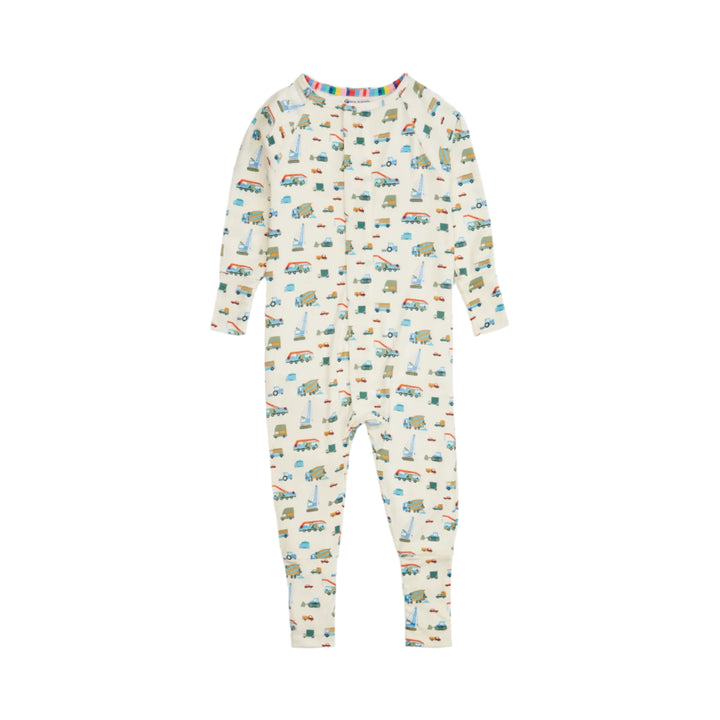 Children's coverall with vehicle pattern on a white background