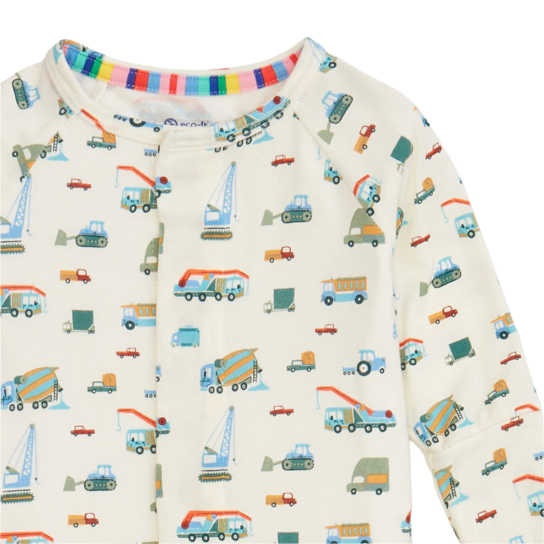 Children's long-sleeve coverall with colorful truck pattern on a white background