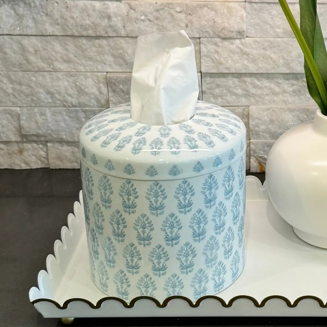 LIGHT BLUE FLORAL PATTERN Ceramic re-fillable tissue vessel 