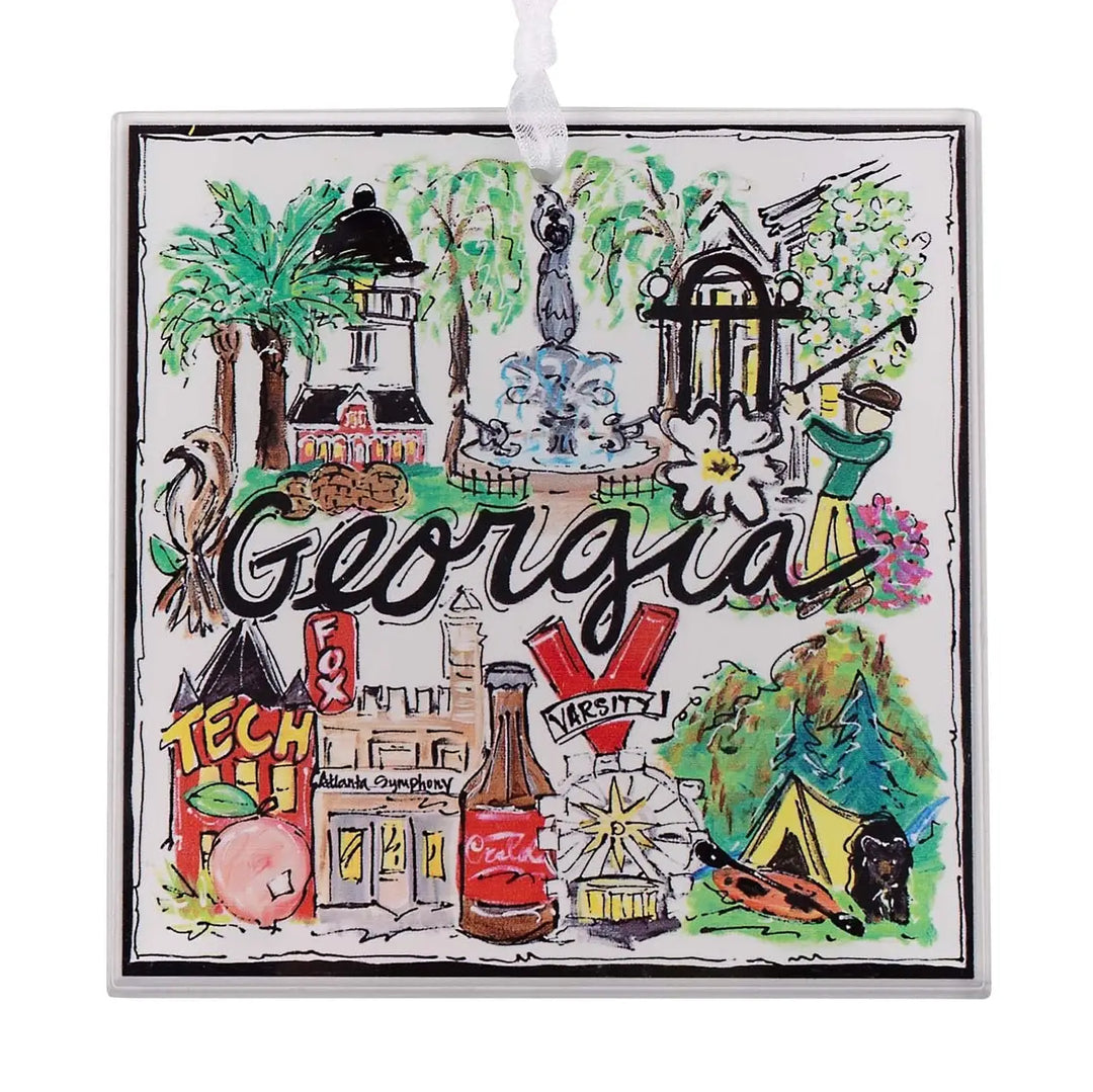 GEORGIA ICONIC LANDMARKS COLLAGE PAINTED ON ACRYLIC ORNAMENT