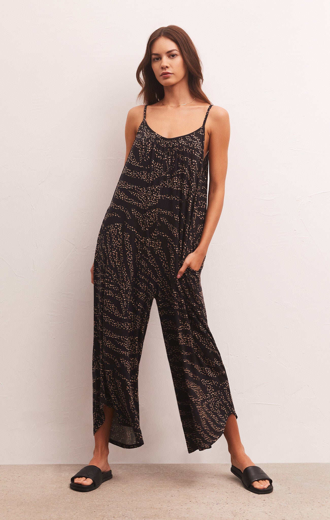 Z SUPPLY BLACK WILD DOT FLARED JUMPSUIT