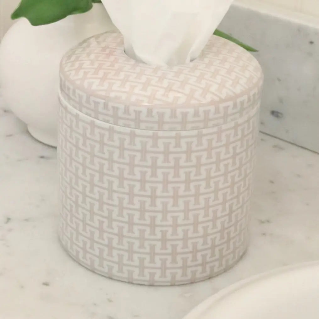 LIGHT TAN GEOMETRIC PATTERN Ceramic re-fillable tissue vessel 