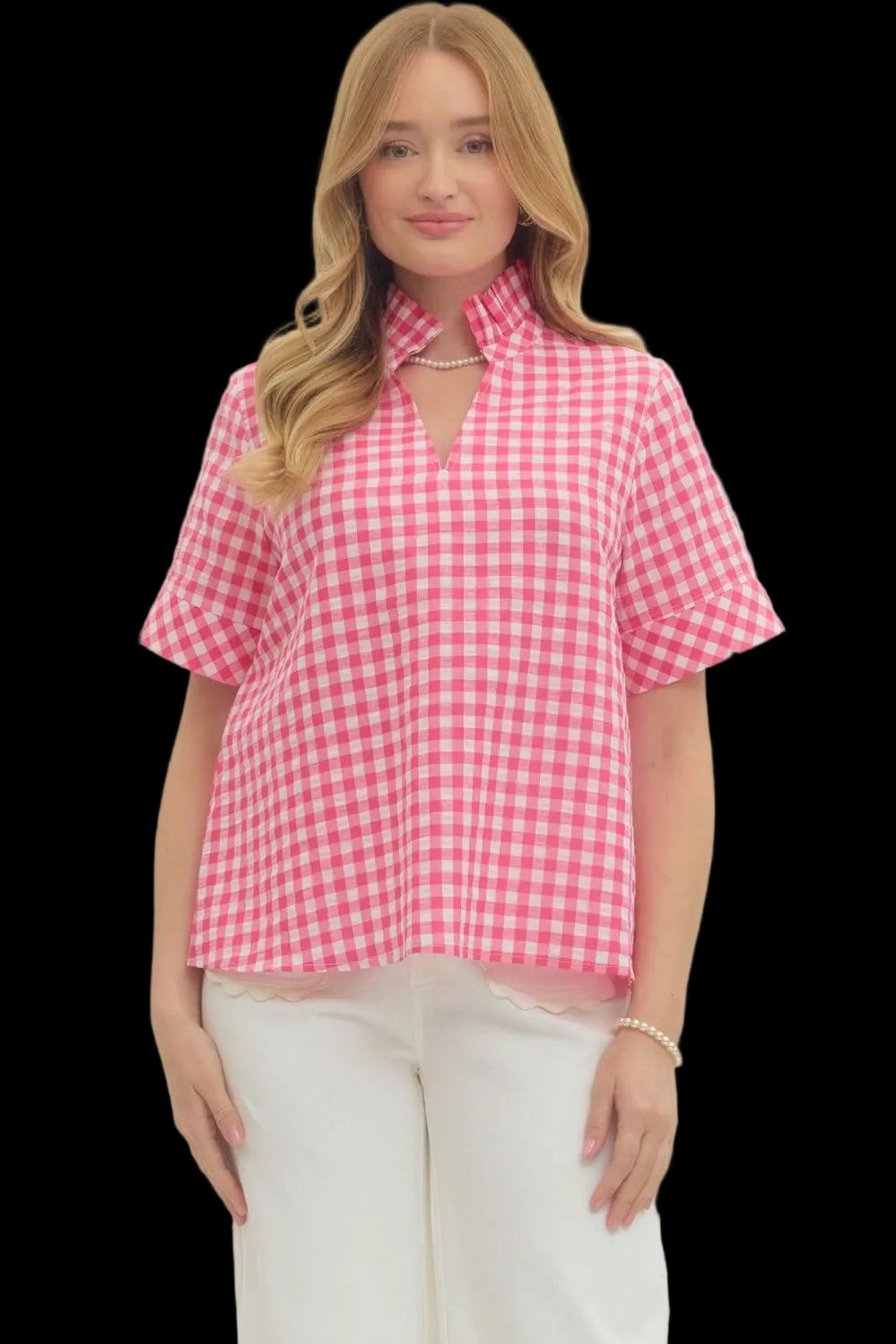 HOT PINK AND WHITE GINGHAM SHORTSLEEVE BLOUSE ON MODEL