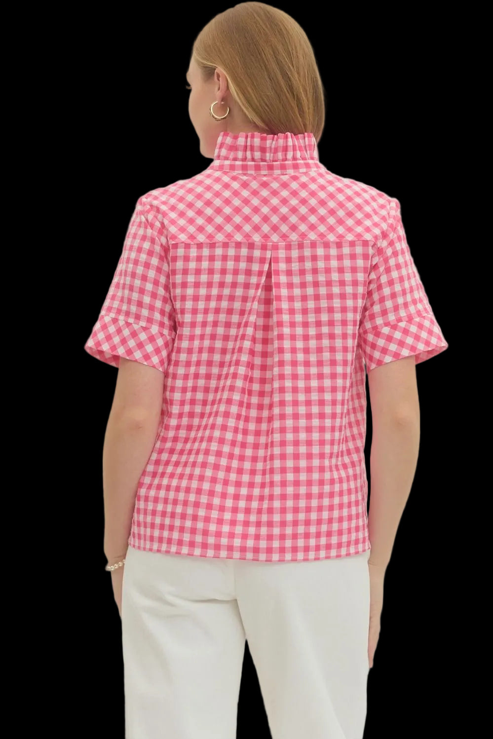 HOT PINK AND WHITE GINGHAM SHORTSLEEVE BLOUSE ON MODEL