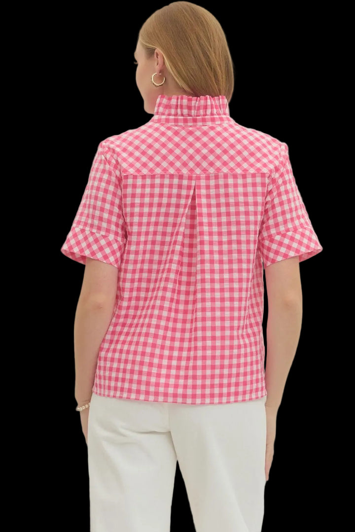 HOT PINK AND WHITE GINGHAM SHORTSLEEVE BLOUSE ON MODEL