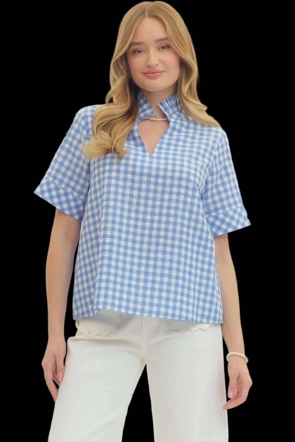 SHORTSLEEVE BLUE AND WHITE GINGHAM BLOUSE ON MODEL 